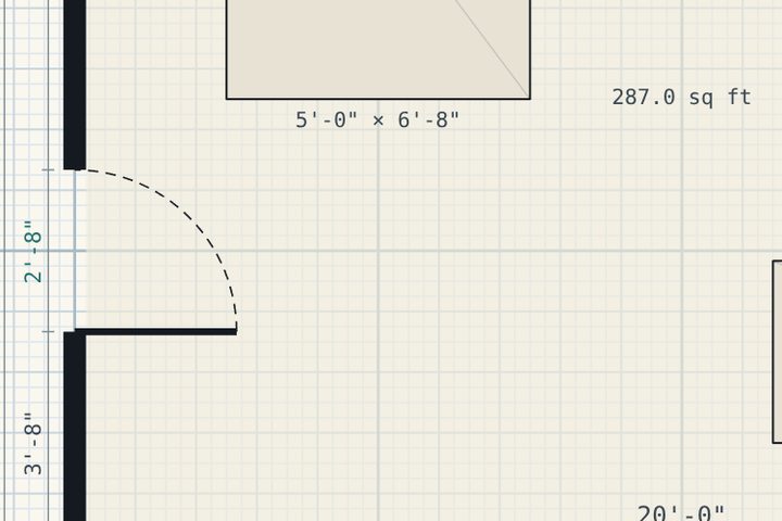 A doorway cut into a wall, drawn with a dashed swing arc and a 2 foot 8 inch dimension.