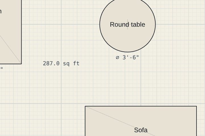 A room interior labelled 287.0 square feet, with a round table marked 3 foot 6 inch diameter.