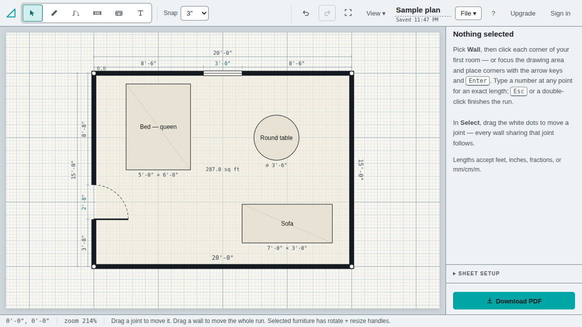 The Drafting Table editor with a 20 by 15 foot room drawn to scale: thick walls, dimension strings, a door swing, and furniture blocks labelled with their sizes.
